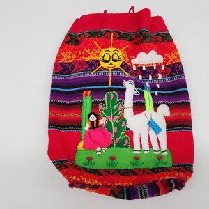 Handmade Inca Peruvian Knit Backpack With Llama & Girl Design Boho Colorful